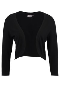 Zwarte cropped cardigan, V-hals ontwerp, lange mouwen, zacht brei-materiaal, open voorkant, gladde textuur, geen zichtbare patronen of hardware.