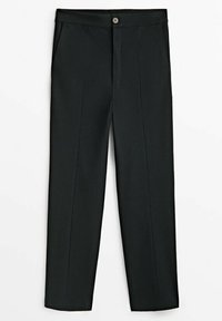 Pantalon noir cintré avec une coupe droite. Il comprend une fermeture à bouton et deux poches avant, confectionné dans un tissu lisse.