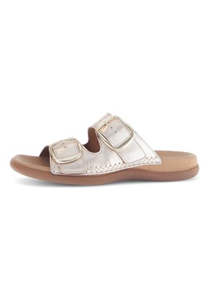 Metallic slide sandal featuring two large rectangular buckles, a braided accent along the side, and a brown textured sole.