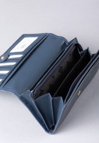 Navy blue wallet made of textured leather, featuring multiple card slots, a zippered compartment, and a snap closure. Interior is black fabric.