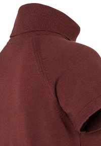 Bordeauxfarbener Pullover mit hohem Kragen, kurzen Ärmeln, glatter Textur und gerippten Akzenten am Kragen und den Ärmelsäumen.