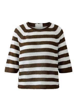 Haut en maille à manches courtes avec des rayures horizontales marron et blanches, doté d'un col rond et d'une coupe légèrement raccourcie.