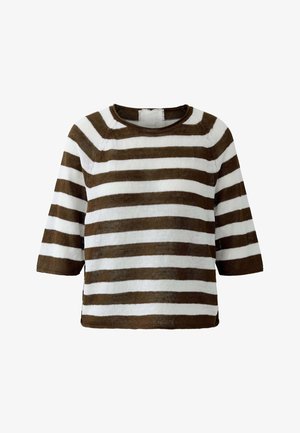 Haut en maille à manches courtes avec des rayures horizontales marron et blanches, doté d'un col rond et d'une coupe légèrement raccourcie.