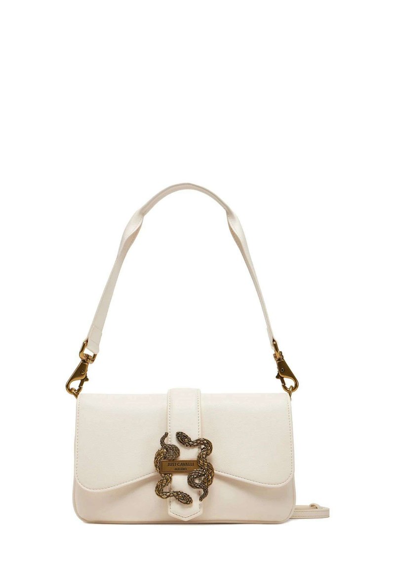 Borsa a mano in pelle bianca con design a ribalta, dotata di una chiusura a forma di serpente testurizzata e di una sottile tracolla con dettagli in tono oro.