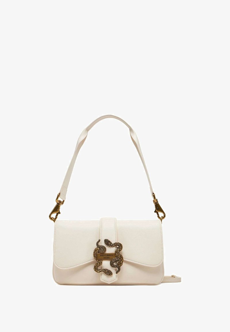 Borsa a mano in pelle bianca con design a ribalta, dotata di una chiusura a forma di serpente testurizzata e di una sottile tracolla con dettagli in tono oro.