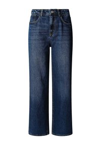 Donkerblauwe slim fit denim jeans met hoge taille, voorzijde met knoop, rits en vijf zakken.