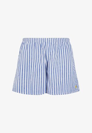 Gestreifte Herren-Shorts aus blauem und weißem Baumwollstoff. Elastischer Bund mit einem kleinen gelben Logo-Detail. Leichter Stoff mit einer lässigen Passform.