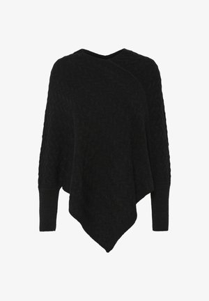 Schwarzer Strick-Poncho mit V-Ausschnitt und strukturiertem Muster, ausgestattet mit einem drapierten, asymmetrischen Saum und langen Ärmeln. Weiches, warmes Material.