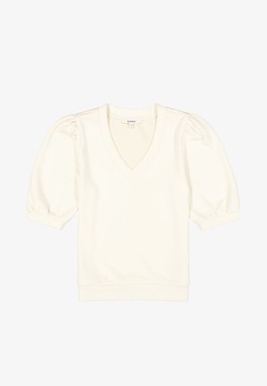 Crèmekleurige kortermige top met pofmouwen, V-hals en geribbelde boorden en zoom.