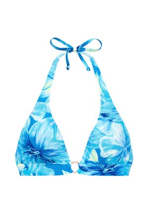 Blue floral print halter bikini top with tie straps and a small ring detail at the center front.
