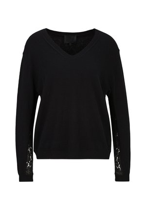 Schwarzer langärmliger V-Ausschnitt-Pullover mit Spitzenpanelen entlang der Unterseite beider Ärmel, vor weißem Hintergrund gezeigt.