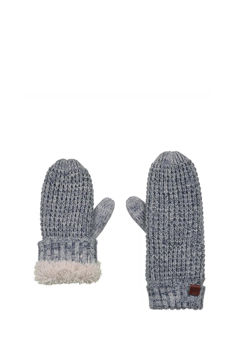 Gebreide wanten in blauw en grijs met een zachte crème fleece manchette. Heeft een geribbelde textuur en een klein bruin leren accentlabel.