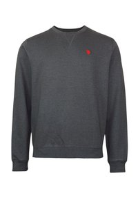 Mörkgrå sweatshirt med långa ärmar, ribbade mudd och nederkant, prydd med en liten röd broderad logotyp på bröstet. Mjuk bomullsmaterial.