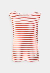 Raitainen valkoinen ja punainen toppi pehmeästä kankaasta. Siinä on hihaton muotoilu, leveä pääntie ja pieni logohelman yksityiskohta.