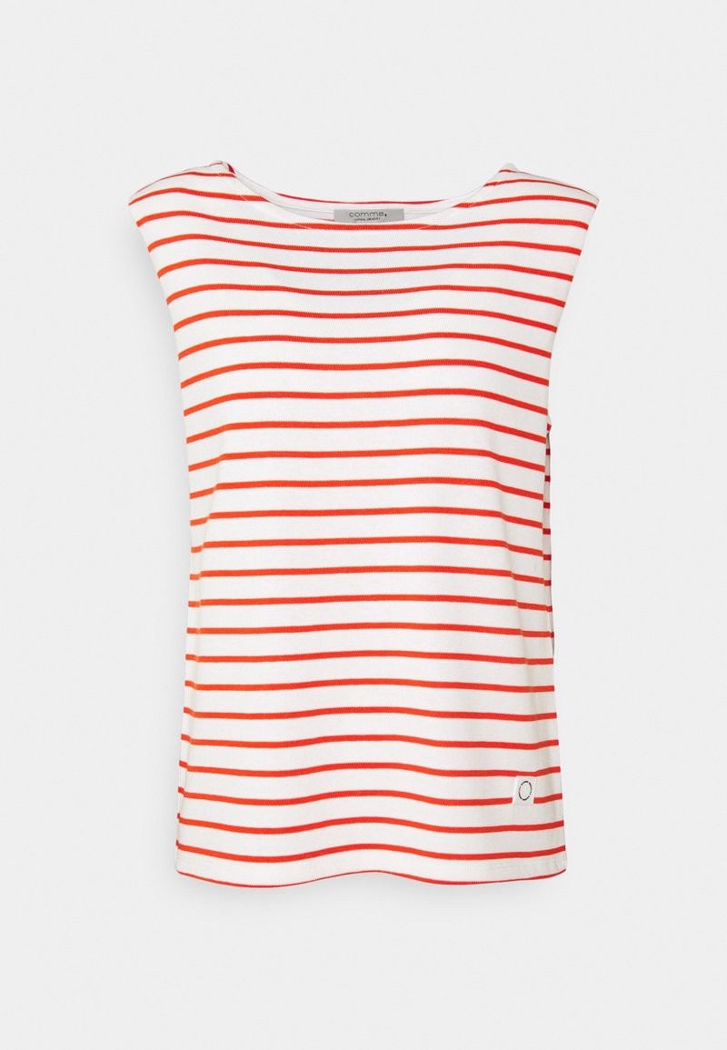 Raitainen valkoinen ja punainen toppi pehmeästä kankaasta. Siinä on hihaton muotoilu, leveä pääntie ja pieni logohelman yksityiskohta.