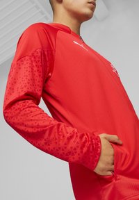 Rode sporttrui met een gestructureerd patroon op de mouwen, voorzien van een kraag en een zijzak. Het materiaal lijkt lichtgewicht en ademend.