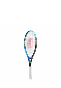 Tennisschläger mit einem blauen und schwarzen Rahmen, weißem Griff, verfügt über ein Netz-Saitenmuster und ein auffälliges rotes Logo in der Mitte.