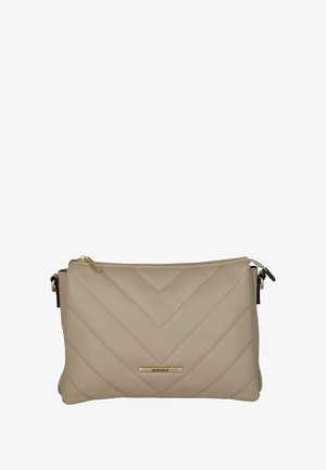 Borsa a tracolla in pelle trapuntata beige con motivo a zigzag, hardware color oro, chiusura con zip e tracolla regolabile. Misura circa 30 cm di larghezza.