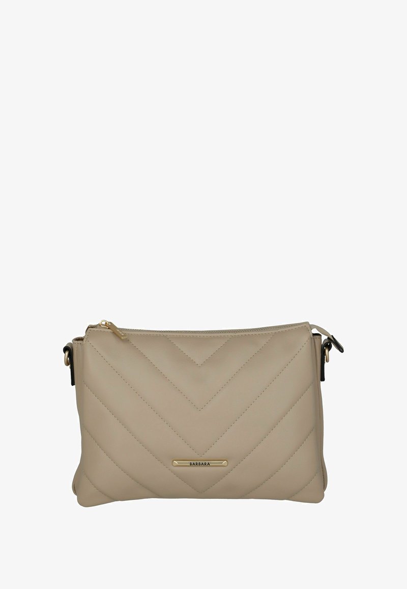 Beige gesteppte Lederhandtasche mit Zickzackmuster, goldfarbener Hardware, Reißverschluss und verstellbarem Tragegurt. Misst etwa 30 cm in der Breite.