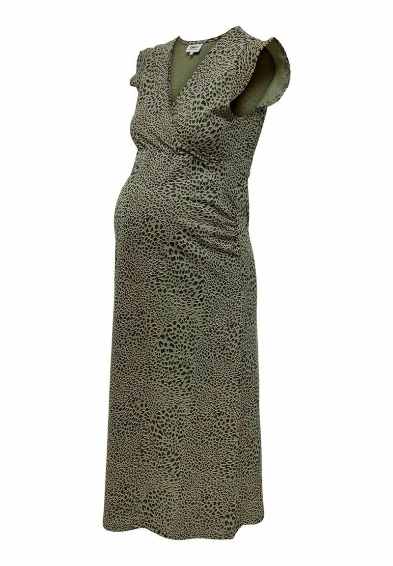 Robe de maternité olive sans manches avec motif de points irréguliers noirs, col en V, et côtés froncés pour élasticité et confort.