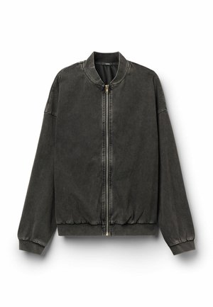 Veste bomber zippée gris foncé avec col, poignets et ourlet côtelés, présentée à plat sur fond blanc.