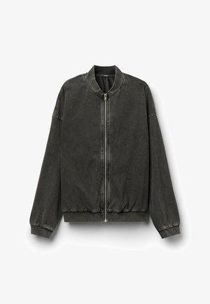 Veste bomber zippée gris foncé avec col, poignets et ourlet côtelés, présentée à plat sur fond blanc.