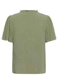 Blouse verte à manches courtes avec motif à pois texturé, manches légèrement bouffantes et détail volanté à l'encolure, vue de dos.