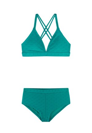 Teal getextureerde bikini set met driehoekige cups en kruisbandjes over de schouders, gecombineerd met bijpassende bikinibroekjes met volledige bedekking.