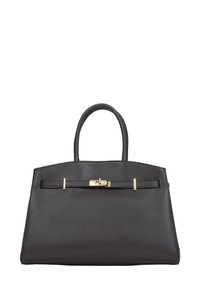 Torba skórzana w ciemnobrązowym kolorze o teksturowanej powierzchni, wyposażona w dwa górne uchwyty, złocisty zatrzask oraz prosty, poziomy pasek.