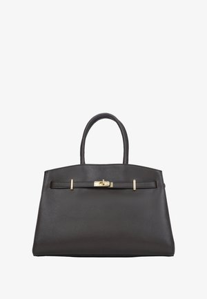 Torba skórzana w ciemnobrązowym kolorze o teksturowanej powierzchni, wyposażona w dwa górne uchwyty, złocisty zatrzask oraz prosty, poziomy pasek.