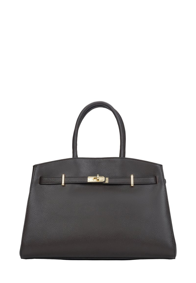 Torba skórzana w ciemnobrązowym kolorze o teksturowanej powierzchni, wyposażona w dwa górne uchwyty, złocisty zatrzask oraz prosty, poziomy pasek.