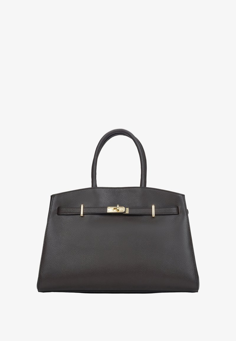 Torba skórzana w ciemnobrązowym kolorze o teksturowanej powierzchni, wyposażona w dwa górne uchwyty, złocisty zatrzask oraz prosty, poziomy pasek.