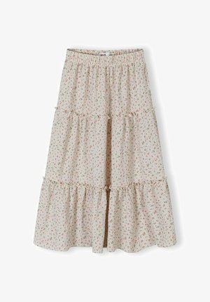 Bež midi krilo z volani, z majhnim rdeče-zelenim cvetličnim vzorcem in elastičnim pasom.