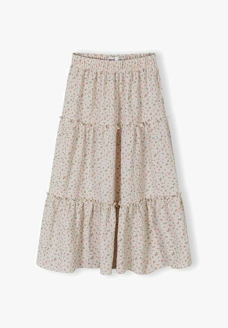 Jupe midi beige à volants avec petit motif floral rouge et vert et taille élastique.