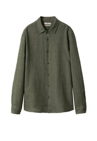 Olivgrünes Leinenhemd, lange Ärmel, durchgehende Knopfleiste, spitzer Kragen, leicht strukturierter Stoff, mit schwarzen Knöpfen und legerer Passform.