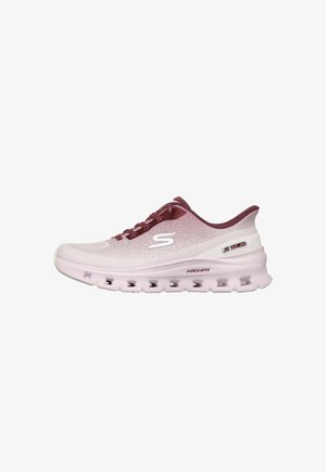 Hellrosa und burgunderfarbener Skechers Arch Fit Sportschuh mit atmungsaktivem Mesh-Obermaterial und gepolsterter Sohle mit sichtbaren Luftkammern.