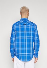 Camicia a maniche lunghe con un motivo a quadri blu e linee bianche, realizzata in tessuto liscio. Orlo curvo e colletto appuntito visibili da dietro.