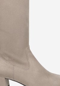 Beige suede ankle boot with a smooth texture, pointed toe, and a tapered, medium-height heel; features curved stitching and side elastic panels.