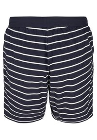 Námořnické plavky s horizontálními bílými pruhy, elastickým páskem a měkkou texturou látky. Jednoduchý design bez dalších detailů.