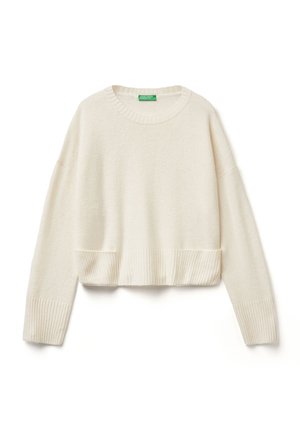 Cream-colored cropped sweater made of soft material, featuring a rounded neckline, ribbed cuffs, and a relaxed fit.