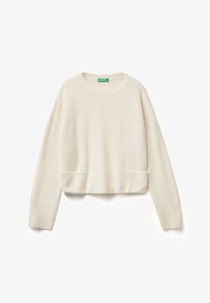 Cream-colored cropped sweater made of soft material, featuring a rounded neckline, ribbed cuffs, and a relaxed fit.