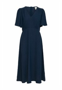Navy blue dress with a V-neck, short puff sleeves, and a flowing A-line skirt. Textured fabric features subtle dot patterns throughout.