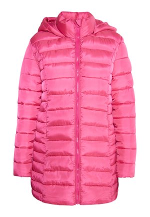 Roze pufferjack met een capuchon. Kenmerkt een geplooide textuur, ritssluiting en een lichte glans. Lichtgewicht ontwerp, ideaal voor lagen.