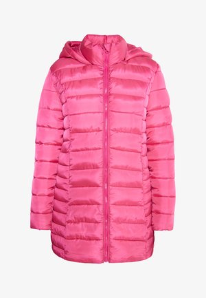 Rožinė pūkinė striukė su kapišonu. Yra siuvinėta tekstūra, užtrauktukas ir šiek tiek blizgesio. Lengvas dizainas, idealiai tinkantis sluoksniavimui.