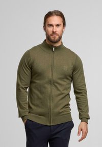 Pull à zip vert olive avec un col montant, des poignets et un ourlet côtelés, arborant un logo discret. Tissu doux et texturé.