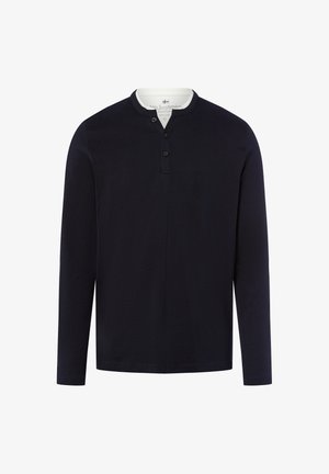 Granatowa koszula z długim rękawem z dekoltem henley, z trzema guzikami, wykonana z miękkiej bawełny i w luźnym kroju.