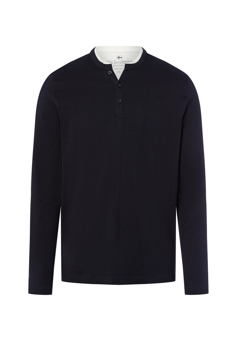 Marineblaues Langarmshirt mit Henley-Ausschnitt, ausgestattet mit einer Dreiknopf-Leiste, aus weichem Baumwollmaterial und mit lockerer Passform.