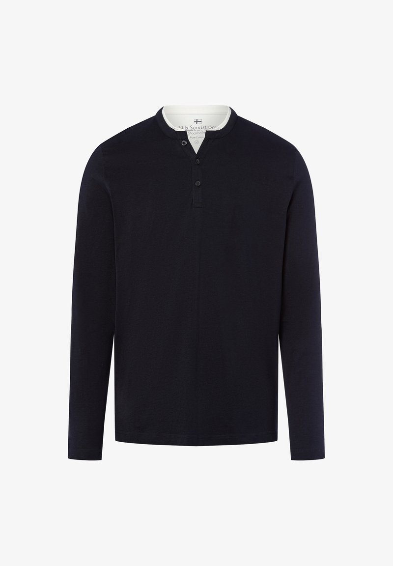 Marineblaues Langarmshirt mit Henley-Ausschnitt, ausgestattet mit einer Dreiknopf-Leiste, aus weichem Baumwollmaterial und mit lockerer Passform.