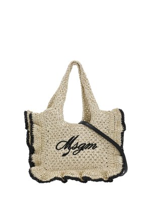 Borsa tote beige intrecciata con rifiniture nere, bordi arricciati, manici per la spalla e logo "Msgm" nero in corsivo sul davanti.