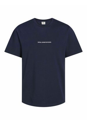Mörkblå bomulls t-shirt med korta ärmar och rund halsringning. "ROYAL DENIM DIVISION" tryckt i vitt över bröstet.